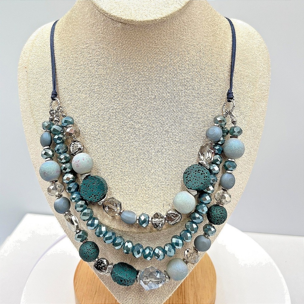 VTG Boho Slate Blue Multi-Strand Statement Necklace Lava Rock Beaded Layered Y2K